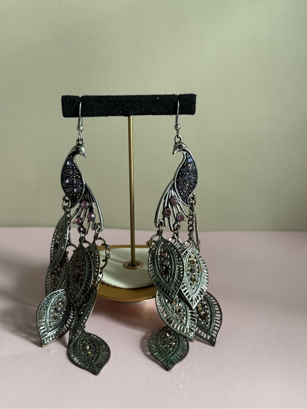 Peacock Leaf Dangle Earrings - Silver with Purple Accents